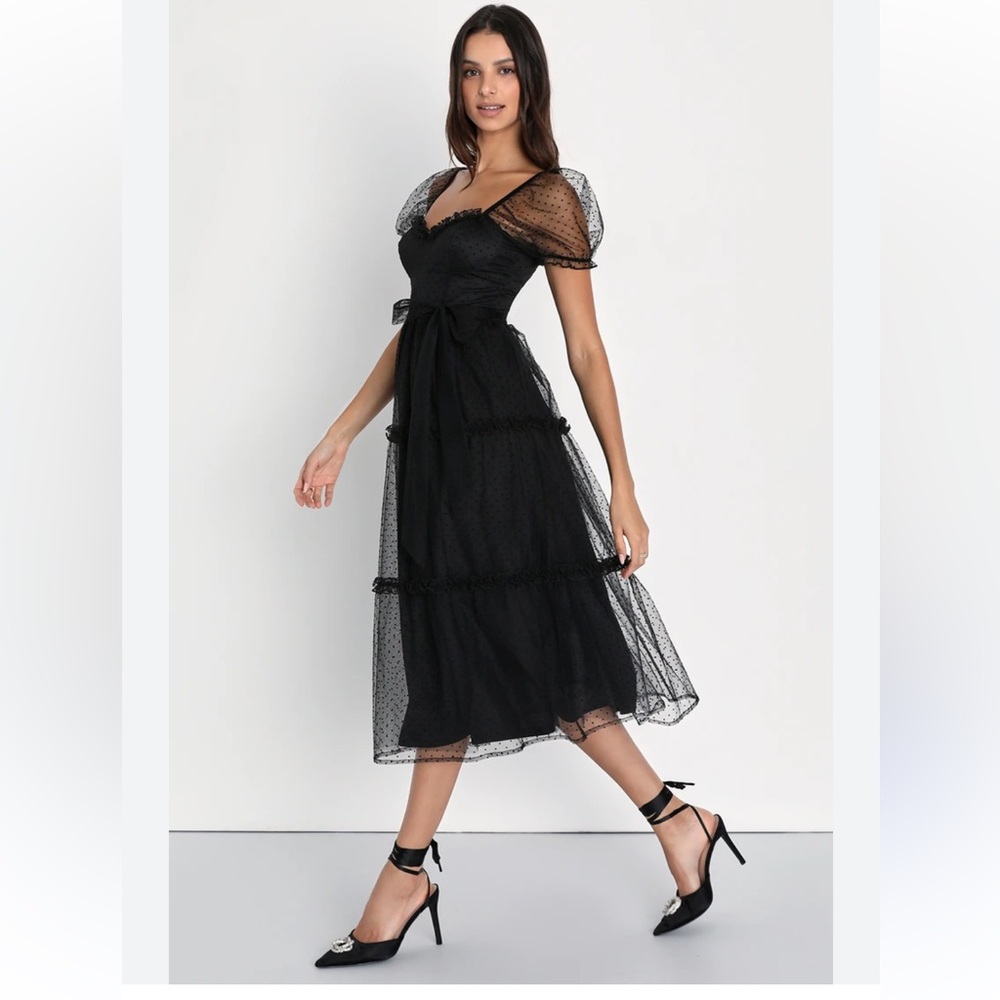 NWT Lulus Dreamy Celebration Black Tulle Bustier Swiss Dot Midi Wednesday Adams